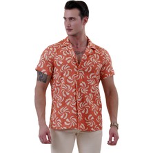 Exve Exclusive Turuncu Bej Çiçek Baskılı Trend Hawaii Rahat Kesim Kısakol Yazlık Gömlek