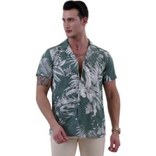 Exve Exclusive Haki Yeşil Üzeri Beyaz Palmiye Baskılı Hawaii Rahat Kesim Kısakol Yazlık Gömlek