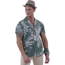 Exve Exclusive Haki Yeşil Üzeri Beyaz Palmiye Baskılı Hawaii Rahat Kesim Kısakol Yazlık Gömlek