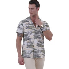 Exve Exclusive Beyaz Sarı Yeşil Palmiye Baskılı Hawaii Rahat Kesim Kısakol Yazlık Gömlek