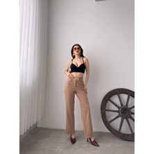 Defile Tekstil Kadın Bej Yüksek Bel Pileli Palazzo Pantolon