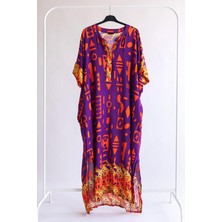 Gils Butik Etnik Desenli Hakim Yaka Mor Elbise