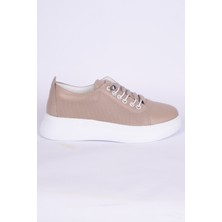 New Onix 035 Deri Ortopedik Taban Bağcıkları Lastikli Desenli Hafif Rahat Esnek Vizon Günlük Kadın Ayakkabı