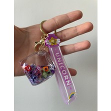 Unique Touch Unicorn Sarı Içi Su ve Harflerle  Dolu Küp Anahtarlık/ Unicorn Yellow Cube Keychain