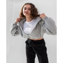 Lonca Kadın Kapüşonlu V Yaka Crop Kalın Içi Polarlı Örme Sweatshirt