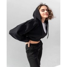 Lonca Kadın Kapüşonlu V Yaka Crop Kalın Içi Polarlı Örme Sweatshirt