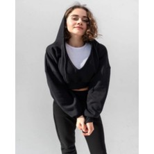 Lonca Kadın Kapüşonlu V Yaka Crop Kalın Içi Polarlı Örme Sweatshirt