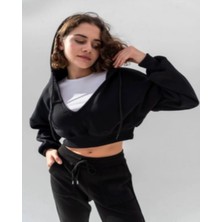 Lonca Kadın Kapüşonlu V Yaka Crop Kalın Içi Polarlı Örme Sweatshirt