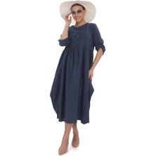 Bohem Stil Uzun Kol Keten Balon Elbise