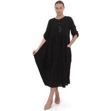 Bohem Stil Uzun Kol Yuvarlak Yaka Keten Balon Elbise