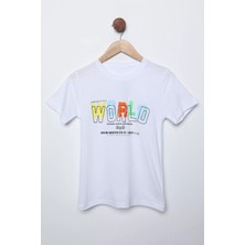 Julude Beyaz World Baskılı Bisiklet Yaka Erkek Çocuk Tişört P-00011559