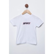 Julude Beyaz Space Baskılı Bisiklet Yaka Erkek Çocuk Tişört P-00011604