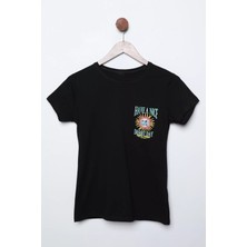 Julude Siyah Baskılı Bisiklet Yaka Kız Çocuk Tişört P-00011562