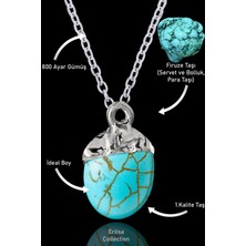 Tesbih Atölyesi Sertifikalı Oval Model Firuze Taşı Kolye (Turkuaz Taşı) - Gümüş Alaşımlı