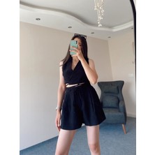 Olbia Butik Siyah Tensel Ip Bağlamalı Yelek Şort Takım M
