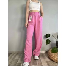 Hazel Kadın Pembe Yüksek Bel Keten Palazzo Pantolon