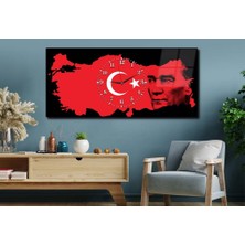 Marpanya Türk Bayrağı ve Atatürk Yatay Ortadan Saatli Vatan Temalı Cam Tablo 060 YSOV060