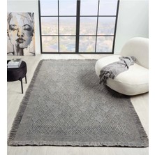 Antique Prm Grey - Dört Tarafı Saçaklı Pamuklu Yıkanabilir Kilim  Yazlık Dekoratif Hediye