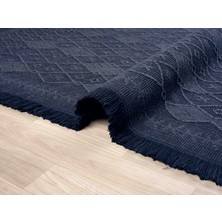 Antique Prm Dark Blue - Dört Tarafı Saçaklı Pamuklu Yıkanabilir Kilim  Yazlık Dekoratif Hediye