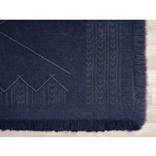 Antique Mnc Dark Blue - Dört Tarafı Saçaklı Pamuklu Yıkanabilir Kilim  Yazlık Dekoratif Hediye