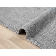 Antique Spt Grey - Dört Tarafı Saçaklı Pamuklu Yıkanabilir Kilim  Yazlık Dekoratif Hediye