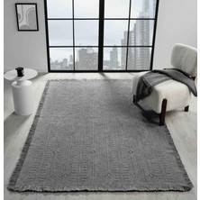 Antique Trk Grey - Dört Tarafı Saçaklı Pamuklu Yıkanabilir Kilim  Yazlık Dekoratif Hediye