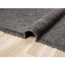 Antique Prm Antrasit Grey - Dört Tarafı Saçaklı Pamuklu Yıkanabilir Kilim  Yazlık Dekoratif Hediye