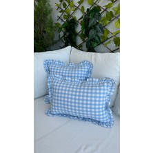 Decamor Home Keten Mavi Pötikare Fırfırlı Kırlent Kılıfı