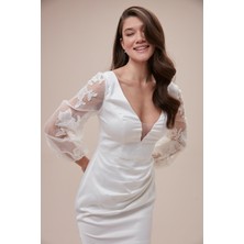Oleg By Oleg Cassini Beyaz  Uzun Kollu Saten Dantel Işlemeli Mini Abiye Elbise SDWG1095