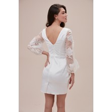 Oleg By Oleg Cassini Beyaz  Uzun Kollu Saten Dantel Işlemeli Mini Abiye Elbise SDWG1095