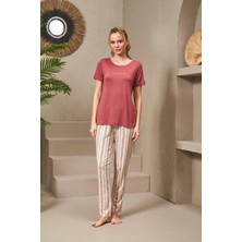 Pjs 25135 Kadın Yuvarlak Yaka Inci Taş Baskılı Çizgili Pijama Takım
