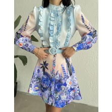 Wellway Atlas Kumaş Kısa Elbise (Kemer Dahildir) Koyu Mavi