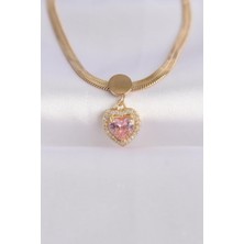 Ely Shop Gold Pembe Zirkon Taşlı Kalpli Kolye