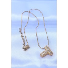 Ely Shop Çelik Zincirli Zirkon Taşlı T Harfli Gold Renk Bubble Kolye