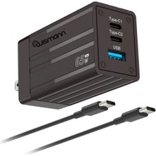 Wismann 65W Usb-C Güç Adaptörü 3 Port Gan (Akım Korumalı) Type-C Hızlı iPhone & Android & iPad & Macbook Şarj Cihazı (Type-C Kablo Dahildir)