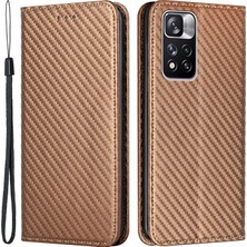 4U Sky Manyetik Otomatik Emici Karbon Fiber Doku Damla Geçirmez Pu Deri Cüzdan Standı Xiaomi Redmi Için Telefon Kapak Kılıfı Not 11 Pro 5g (Çin) (Mediatek)/not 11 Pro+ 5g-Brown (Yurt Dışından)