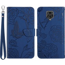 4U Sky Xiaomi Redmi Için Note 9 Pro 4g/note 9 Pro Max/not 9s Cilt Touch Duygu Cüzdan Kelebek Çiçeği Baskılı Pu Deri Stand Flip Strap-Mavi ile Tam Cisim (Yurt Dışından)