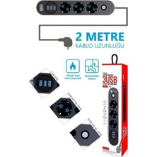 Smith FTR-01 3x USB Çıkışlı 3'lü 2 M Metre Çocuk Akım Korumalı Priz Uzatma Kablosu