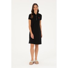 U.S. Polo Assn. Kadın Siyah Polo Yaka Mini Boy Örme Elbise 50280038-VR046