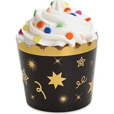 Parti Dükkanım Siyah Üzeri Yıldız Gold Varaklı Muffin Kek Kapsülü 12 Adet