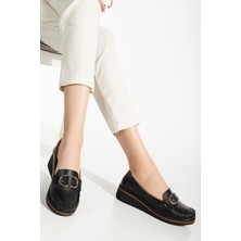 Analin Shoes Kadın Hakiki Deri Toka Detaylı Dolgu Topuk Rahat Loafer Ayakkabı 745 Ayakkabı  Sıyah 40