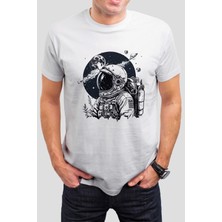 T-35 Astronot Gezegen Baskılı Beyaz Unisex Tişört C619