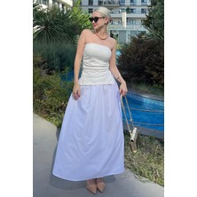 Madmext Beyaz Basic Beli Lastikli Astarlı Cep Detaylı Midi Etek MG2154