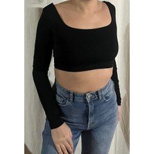 River Island Siyah Kare Yaka Uzun Kollu Kadın Crop Body