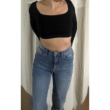 River Island Siyah Kare Yaka Uzun Kollu Kadın Crop Body