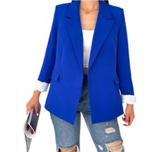 Nilo Design Kadın Blazer Düğmesiz Cepli Çizgili Astarlı Katlanılabilir Kol Blazer Ceket