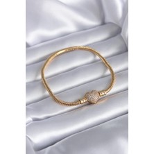 Ely Shop Gold Renk Zirkon Taşlı Kalp Model Pirinç Charm Kadın Bileklik