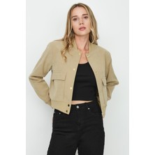 Select Moda Kadın Cepli Çıtçıt Kapamalı Süet Bomber Ceket