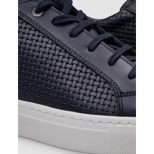 Cabani %100 Hakiki Deri Lacivert Bağcıklı Desenli Erkek Sneaker