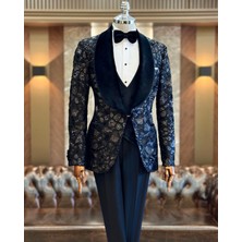 İtalyan stil slim fit şal yaka ceket yelek pantolon damatlık set siyah T12571